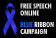 A small square with a 3d rotating blue ribbon and the words 'Free Speech Now!'